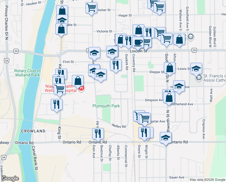 map of restaurants, bars, coffee shops, grocery stores, and more near 147 Dover Road in Welland