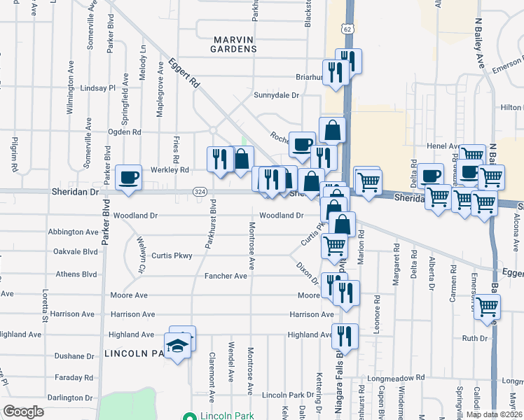 map of restaurants, bars, coffee shops, grocery stores, and more near 663 Woodland Drive in Buffalo