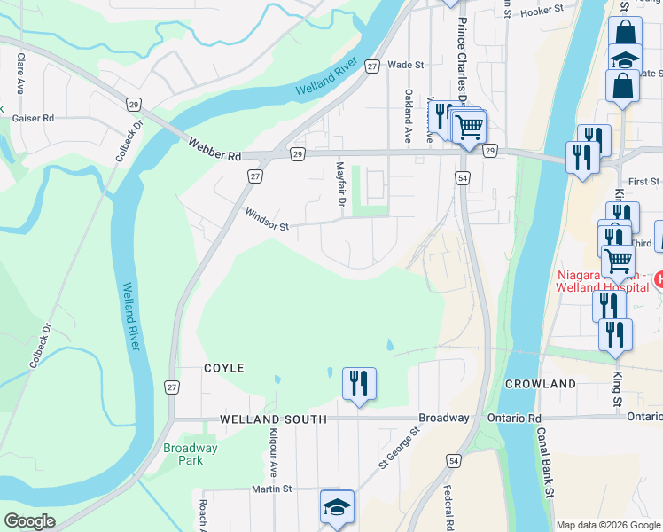 map of restaurants, bars, coffee shops, grocery stores, and more near 68 Terrace Avenue in Welland