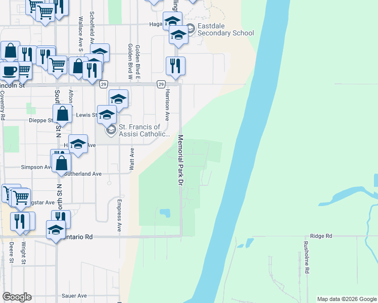map of restaurants, bars, coffee shops, grocery stores, and more near 14 Laurent Avenue in Welland
