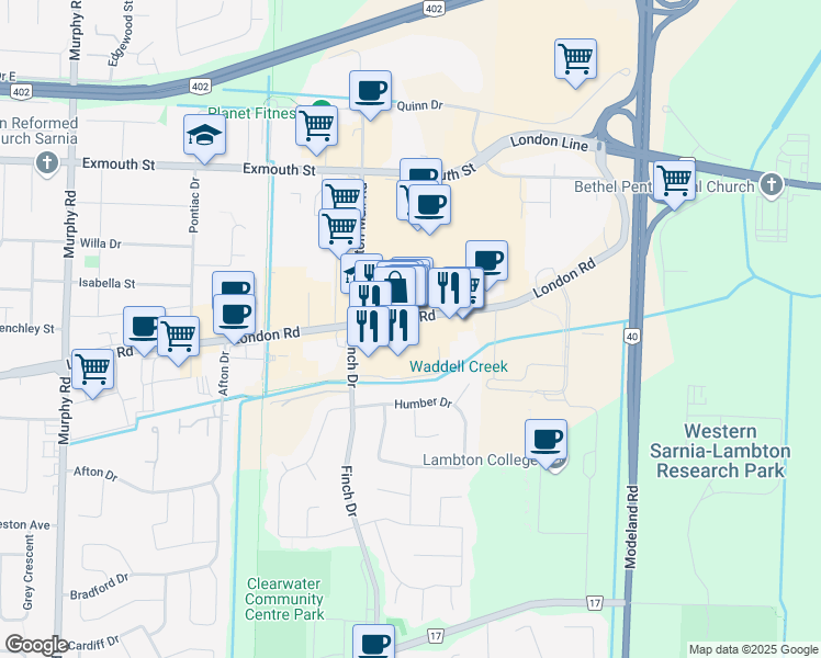 map of restaurants, bars, coffee shops, grocery stores, and more near in Sarnia