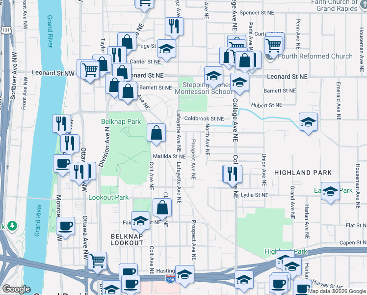 map of restaurants, bars, coffee shops, grocery stores, and more near 900 Lafayette Avenue Northeast in Grand Rapids