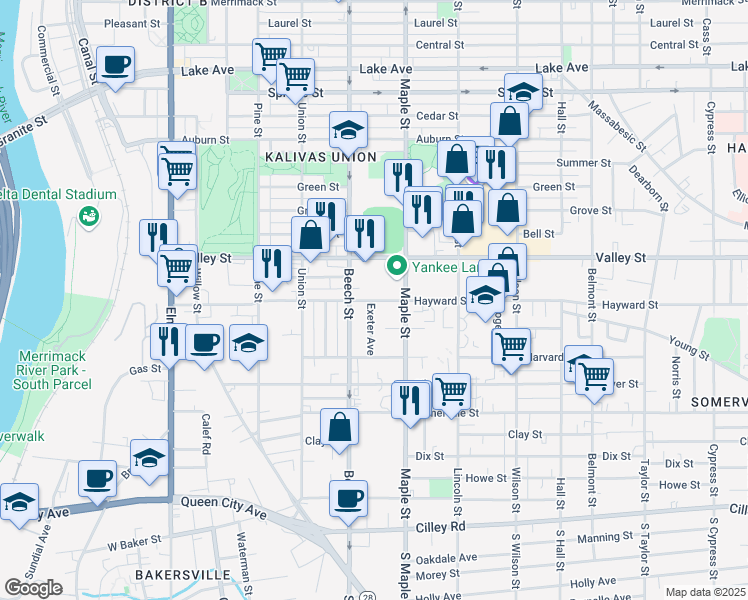 map of restaurants, bars, coffee shops, grocery stores, and more near 338 Hayward Street in Manchester