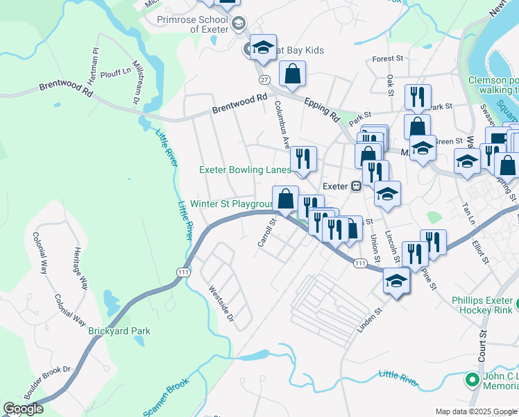map of restaurants, bars, coffee shops, grocery stores, and more near 194 Front Street in Exeter