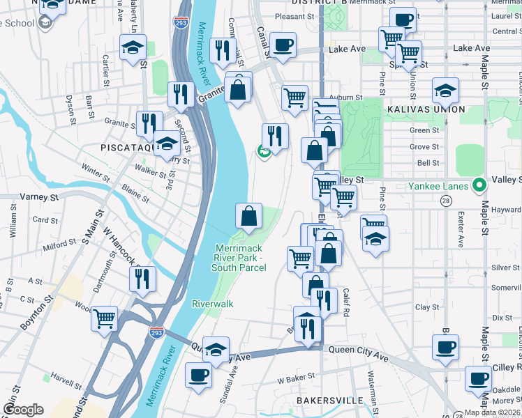 map of restaurants, bars, coffee shops, grocery stores, and more near 81 Riverwalk Way in Manchester