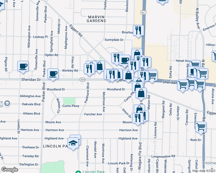 map of restaurants, bars, coffee shops, grocery stores, and more near 663 Woodland Drive in Buffalo