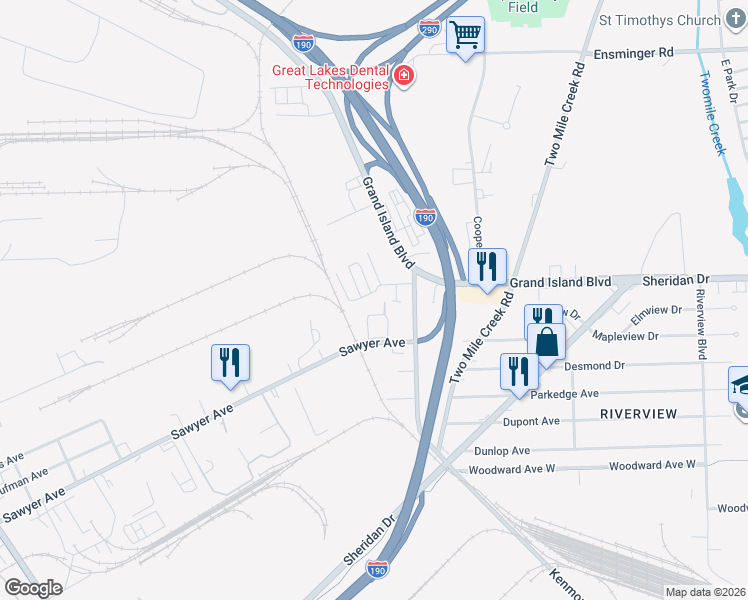 map of restaurants, bars, coffee shops, grocery stores, and more near 440 Sawyer Avenue in Tonawanda