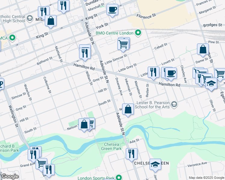 map of restaurants, bars, coffee shops, grocery stores, and more near 109 Adelaide Street North in London