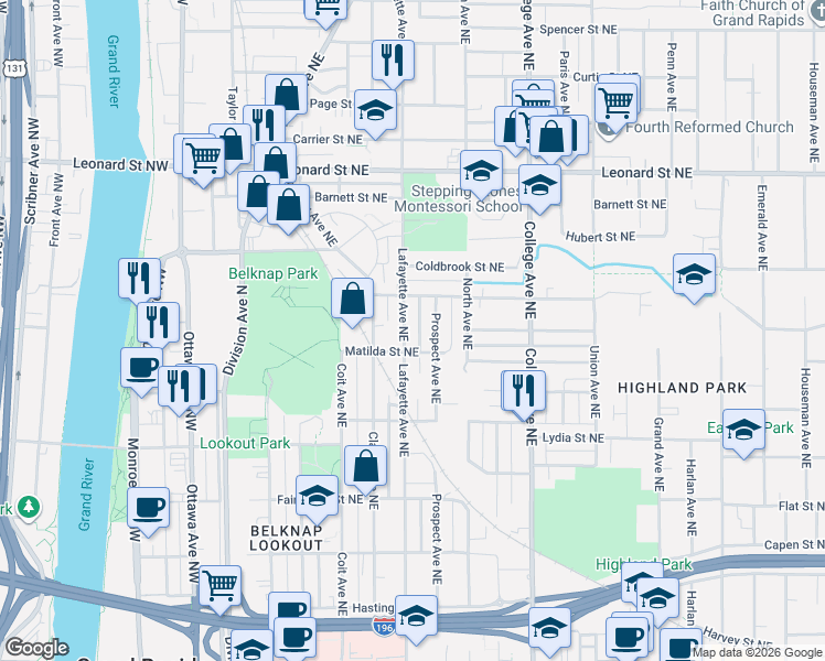 map of restaurants, bars, coffee shops, grocery stores, and more near 900 Lafayette Avenue Northeast in Grand Rapids