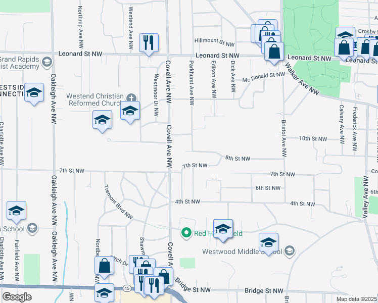 map of restaurants, bars, coffee shops, grocery stores, and more near 1933 7th Street Northwest in Grand Rapids