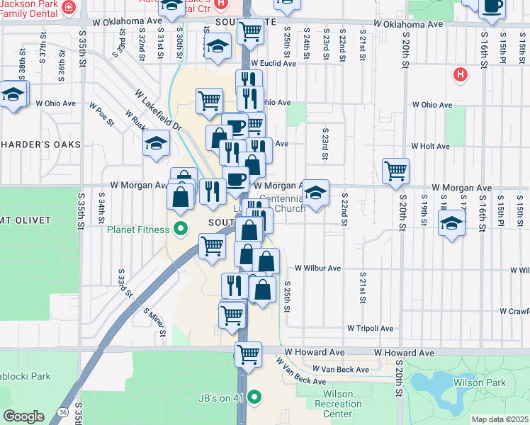 map of restaurants, bars, coffee shops, grocery stores, and more near 2525 West Warnimont Avenue in Milwaukee