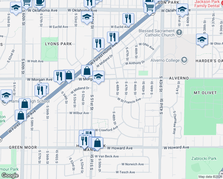 map of restaurants, bars, coffee shops, grocery stores, and more near 3574 South 49th Street in Greenfield