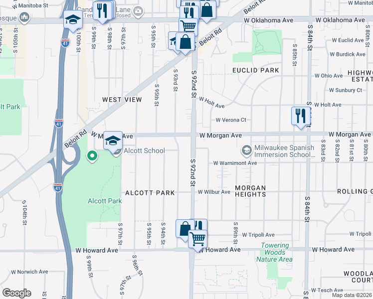 map of restaurants, bars, coffee shops, grocery stores, and more near 3562 South 92nd Street in Milwaukee