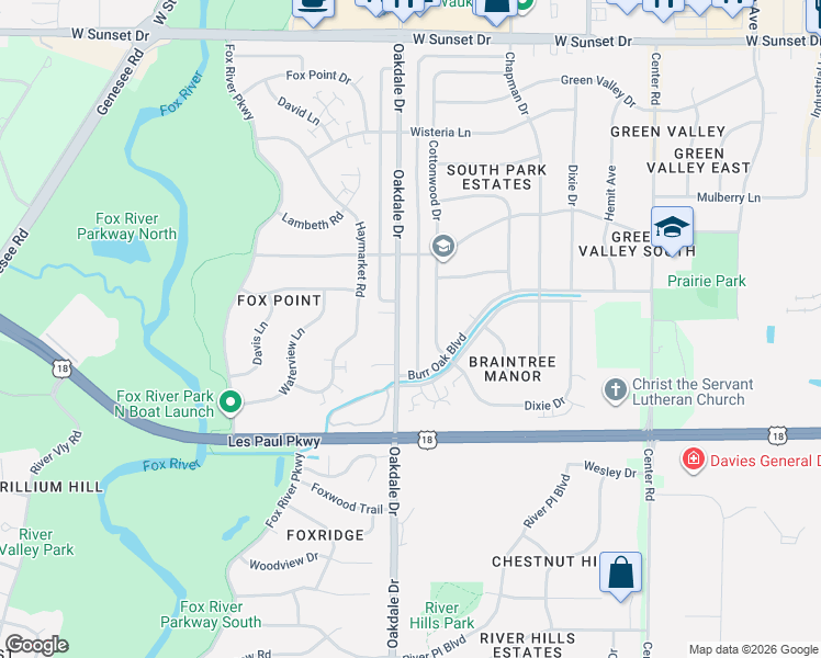 map of restaurants, bars, coffee shops, grocery stores, and more near 1843 Oakdale Drive in Waukesha