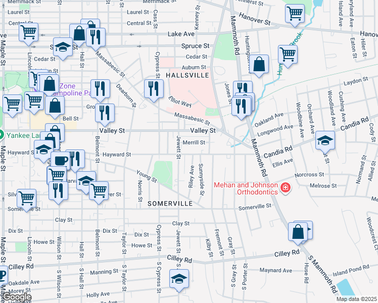 map of restaurants, bars, coffee shops, grocery stores, and more near 275 Jewett Street in Manchester