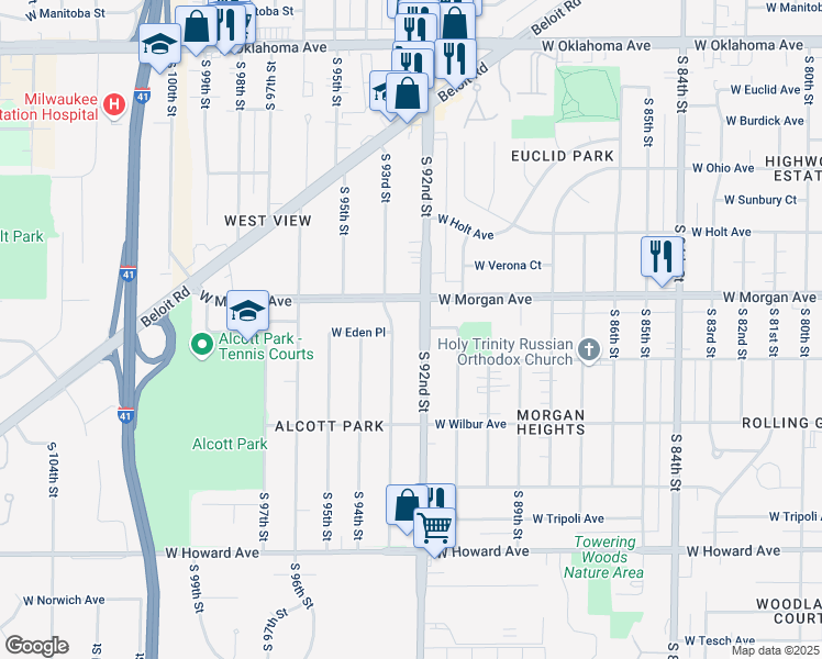 map of restaurants, bars, coffee shops, grocery stores, and more near 3562 South 92nd Street in Milwaukee
