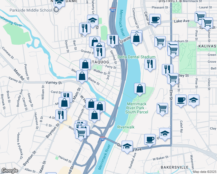 map of restaurants, bars, coffee shops, grocery stores, and more near 66 Blaine Street in Manchester