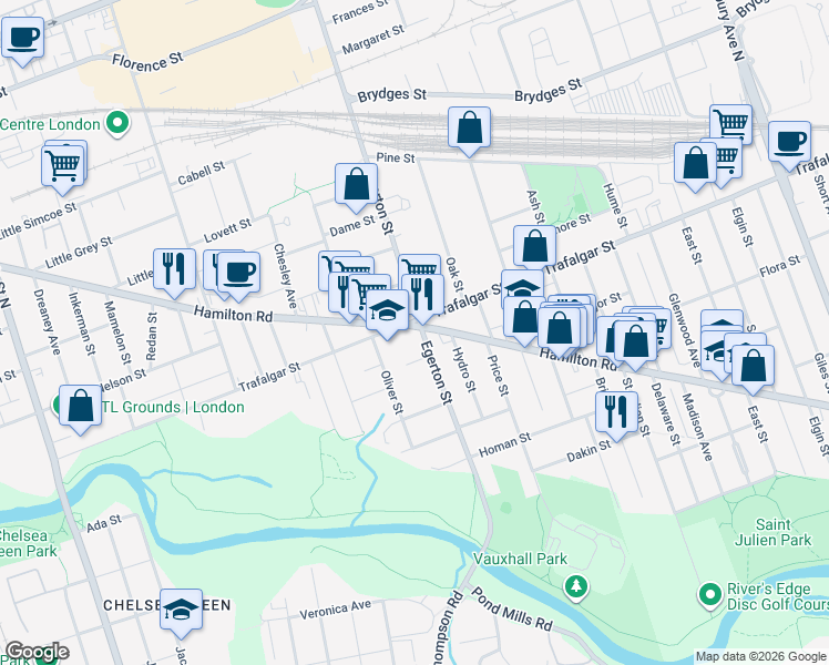 map of restaurants, bars, coffee shops, grocery stores, and more near 591 Hamilton Road in London