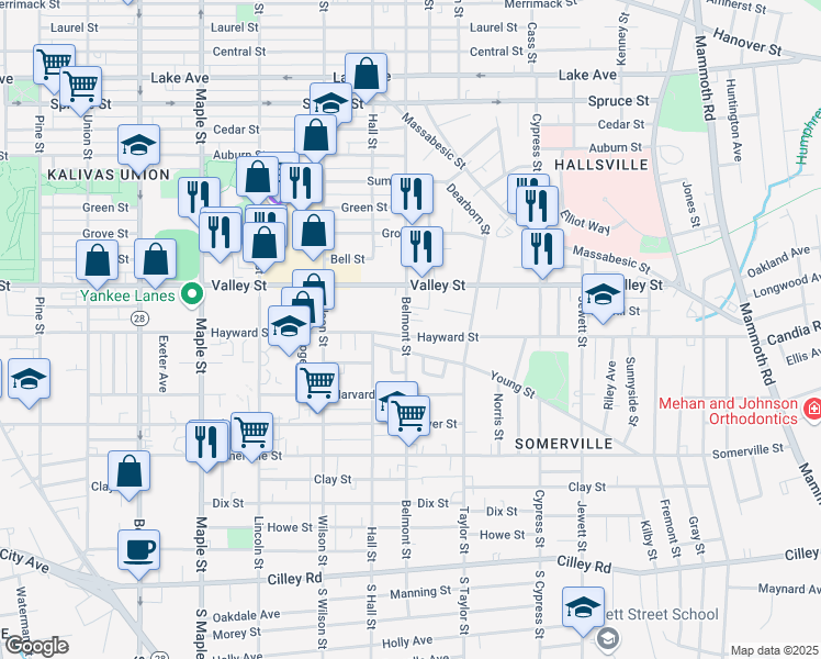 map of restaurants, bars, coffee shops, grocery stores, and more near 245 Belmont Street in Manchester