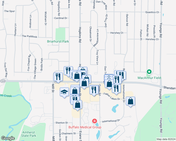 map of restaurants, bars, coffee shops, grocery stores, and more near 13 Woodpointe Run in Buffalo