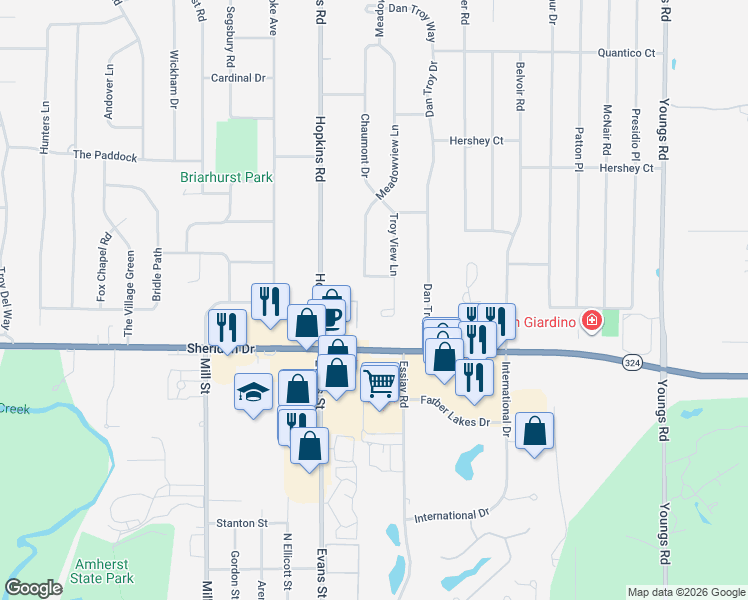 map of restaurants, bars, coffee shops, grocery stores, and more near 103 Troy View Lane in Buffalo