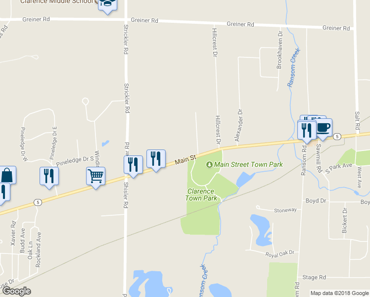 map of restaurants, bars, coffee shops, grocery stores, and more near 10344 Main Street in Clarence