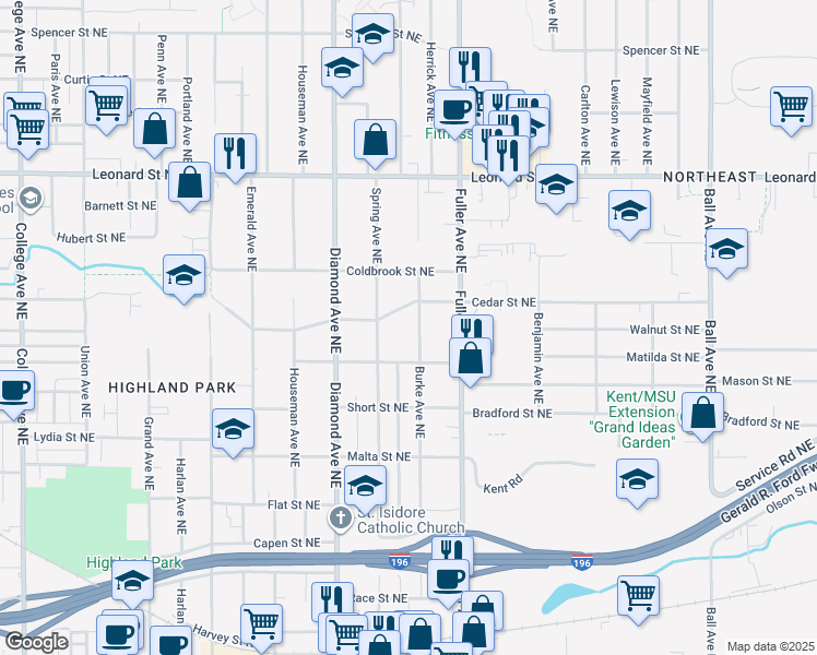 map of restaurants, bars, coffee shops, grocery stores, and more near 1059 Maybelle Street Northeast in Grand Rapids