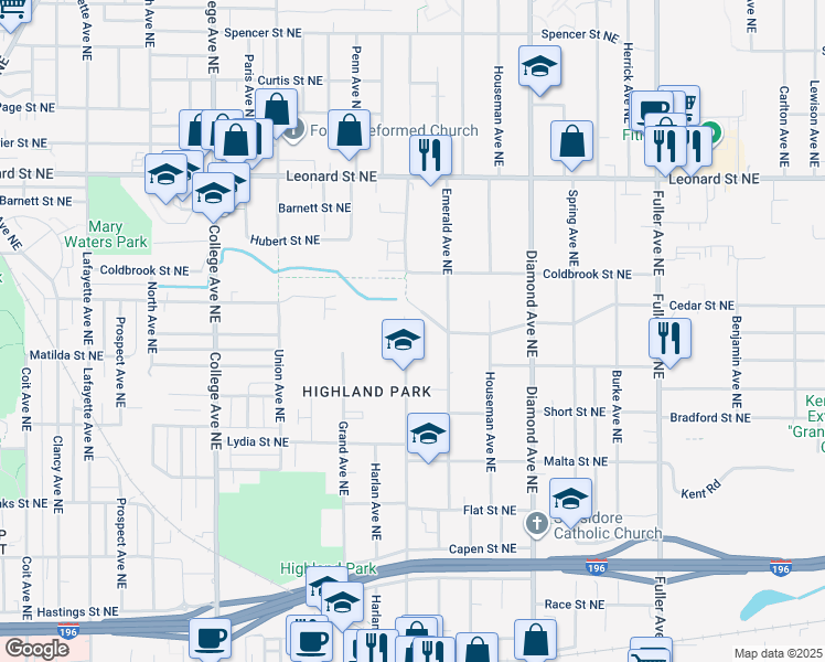 map of restaurants, bars, coffee shops, grocery stores, and more near 912 Eastern Avenue Northeast in Grand Rapids