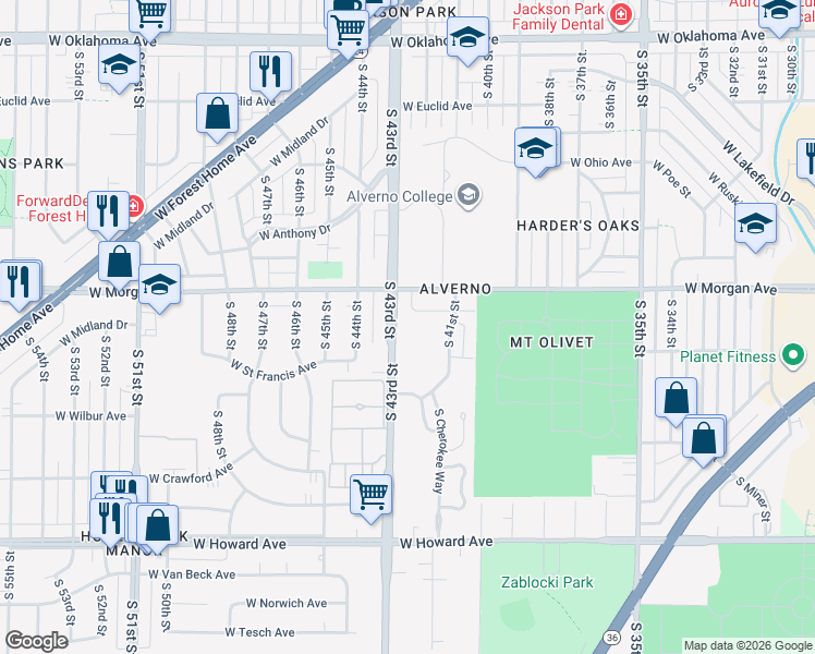 map of restaurants, bars, coffee shops, grocery stores, and more near 3576 South 43rd Street in Milwaukee
