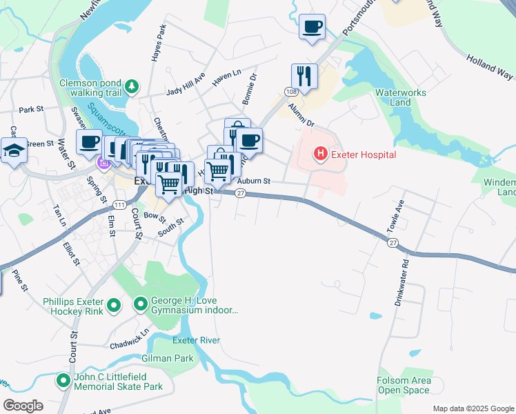 map of restaurants, bars, coffee shops, grocery stores, and more near 8 Gardner Street in Exeter