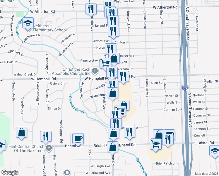 map of restaurants, bars, coffee shops, grocery stores, and more near 1026 West Decamp Street in Flint