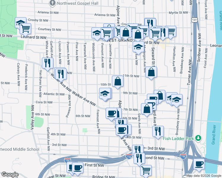 map of restaurants, bars, coffee shops, grocery stores, and more near 910 Jennette Avenue Northwest in Grand Rapids