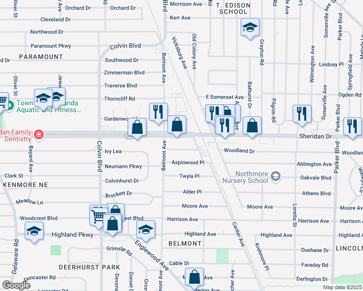 map of restaurants, bars, coffee shops, grocery stores, and more near 21 Warburton Place in Buffalo