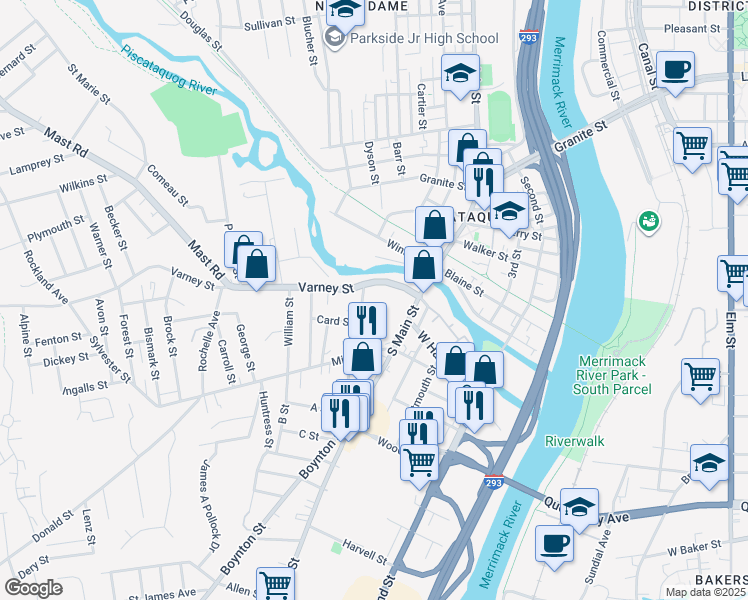 map of restaurants, bars, coffee shops, grocery stores, and more near 84 Varney Street in Manchester