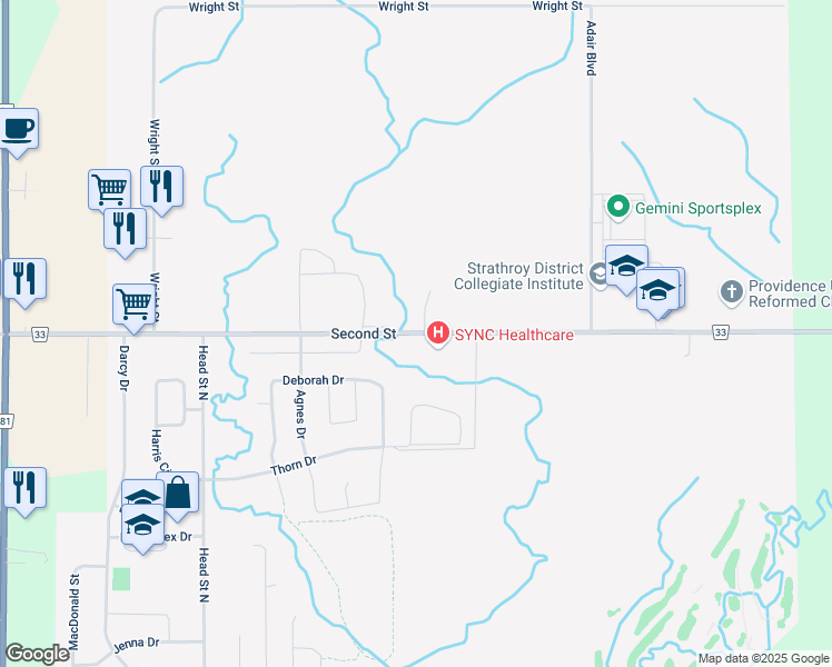 map of restaurants, bars, coffee shops, grocery stores, and more near 199 Second Street in Strathroy