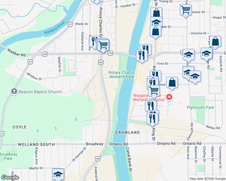map of restaurants, bars, coffee shops, grocery stores, and more near 330 Prince Charles Drive South in Welland