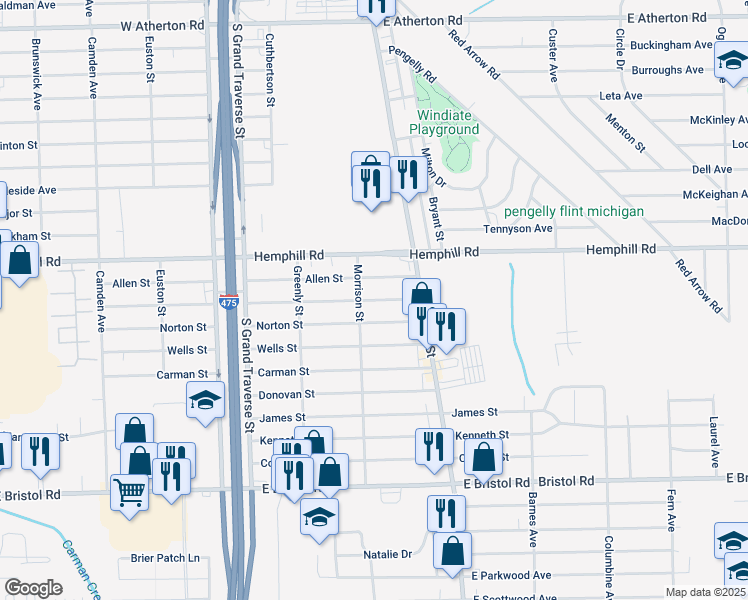 map of restaurants, bars, coffee shops, grocery stores, and more near 1452 Norton Street in Burton