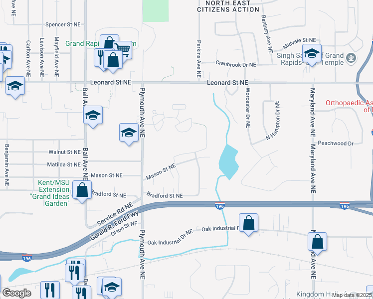 map of restaurants, bars, coffee shops, grocery stores, and more near 1941 Bayou Court Northeast in Grand Rapids