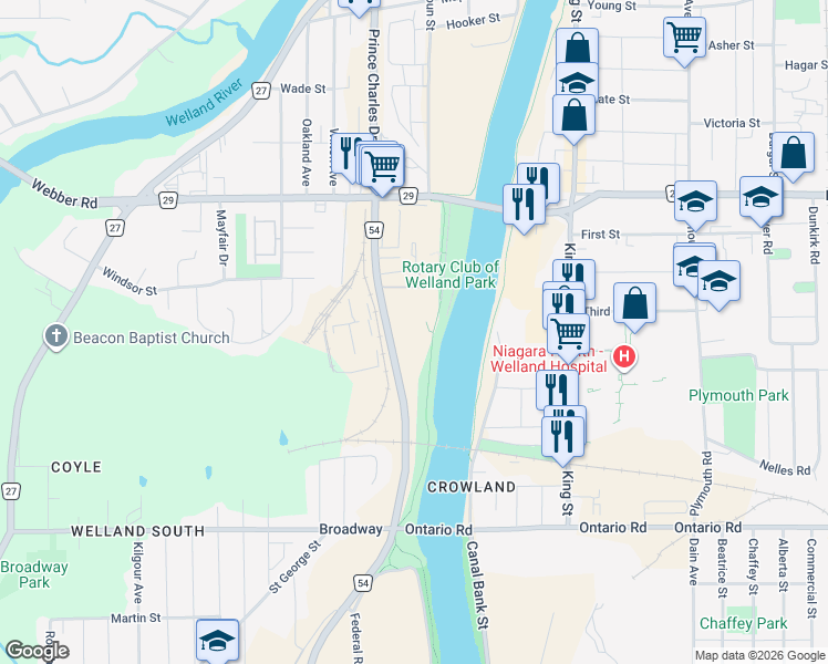 map of restaurants, bars, coffee shops, grocery stores, and more near 330 Prince Charles Drive South in Welland