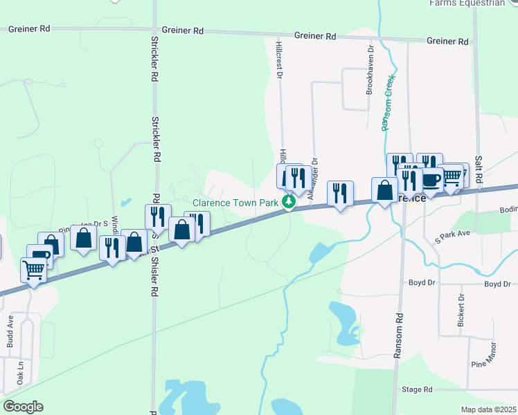 map of restaurants, bars, coffee shops, grocery stores, and more near 10344 Main Street in Clarence