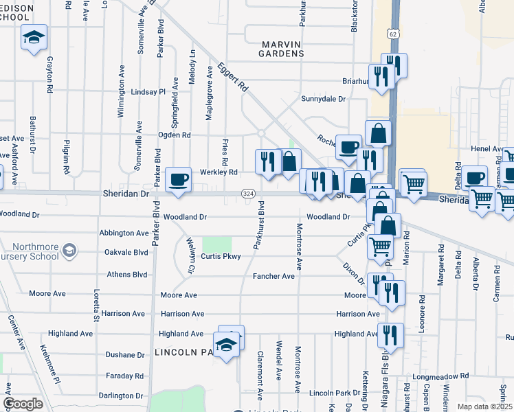 map of restaurants, bars, coffee shops, grocery stores, and more near 753 Parkhurst Boulevard in Buffalo