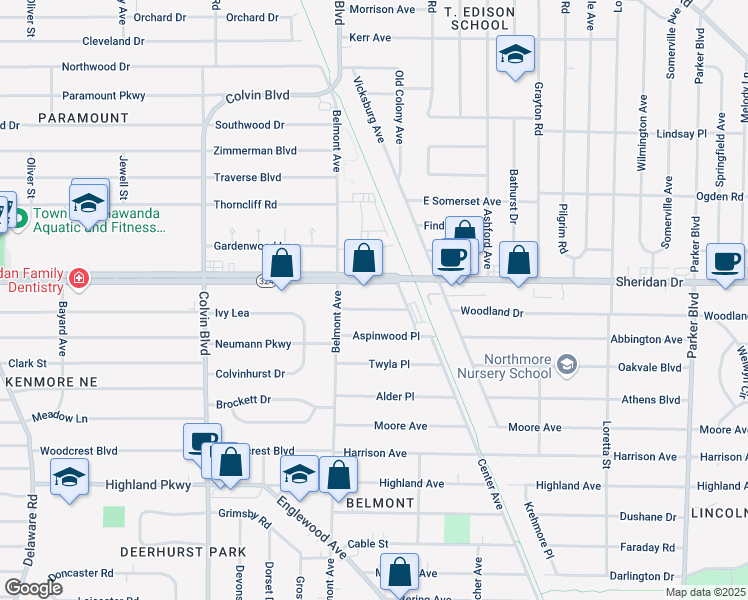 map of restaurants, bars, coffee shops, grocery stores, and more near 21 Warburton Place in Buffalo