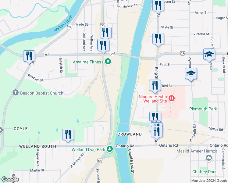map of restaurants, bars, coffee shops, grocery stores, and more near in Welland