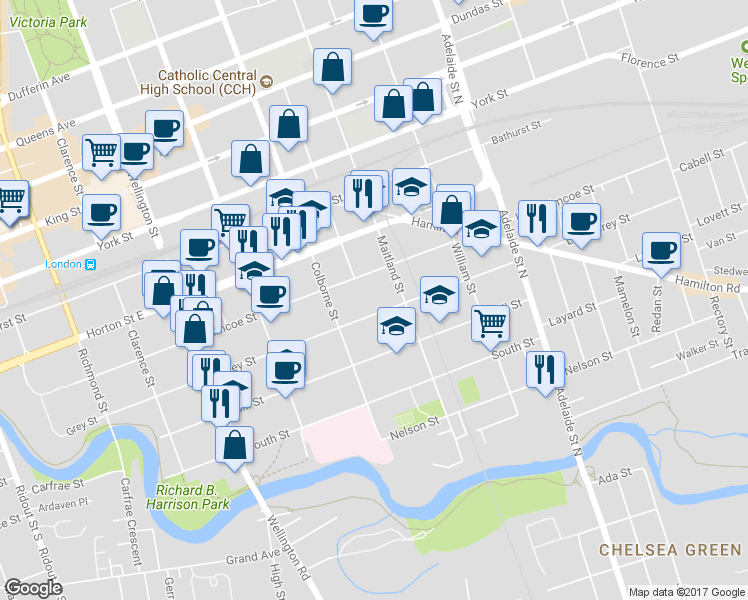 map of restaurants, bars, coffee shops, grocery stores, and more near in London
