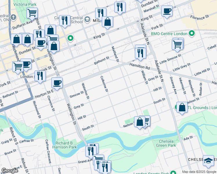 map of restaurants, bars, coffee shops, grocery stores, and more near in London