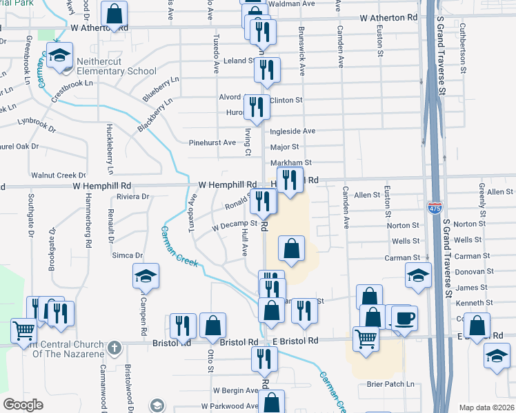 map of restaurants, bars, coffee shops, grocery stores, and more near 1026 West Decamp Street in Flint