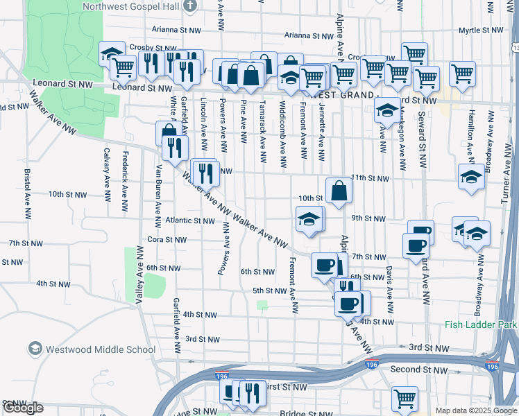 map of restaurants, bars, coffee shops, grocery stores, and more near 1021 Walker Avenue Northwest in Grand Rapids