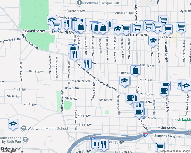 map of restaurants, bars, coffee shops, grocery stores, and more near 1060 Walker Avenue Northwest in Grand Rapids