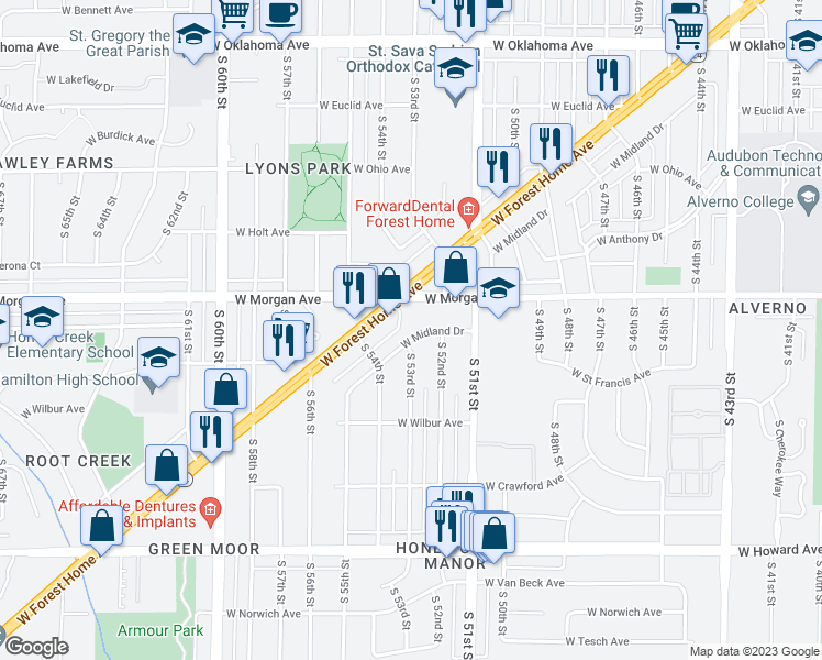 map of restaurants, bars, coffee shops, grocery stores, and more near 5307 West Midland Drive in Greenfield