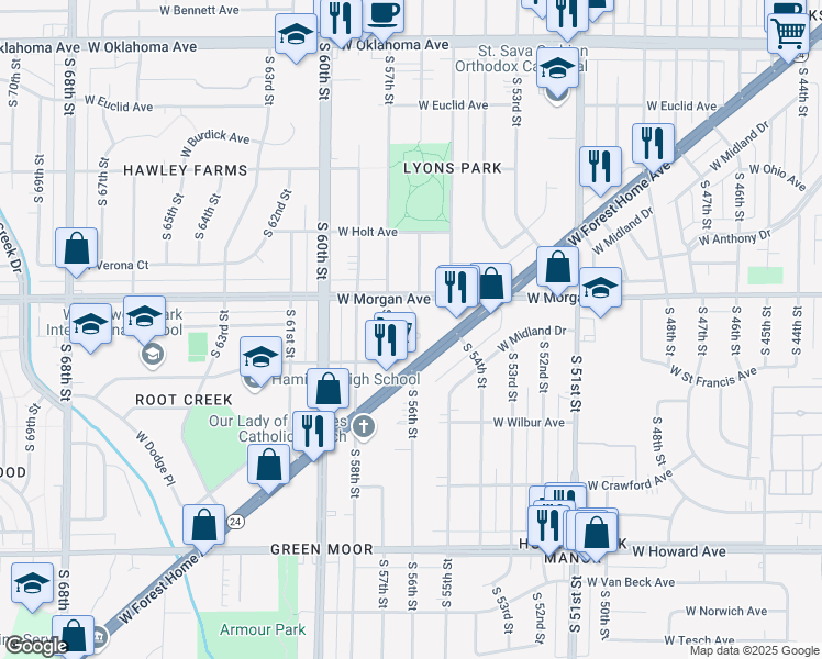 map of restaurants, bars, coffee shops, grocery stores, and more near 5544 West Forest Home Avenue in Greenfield